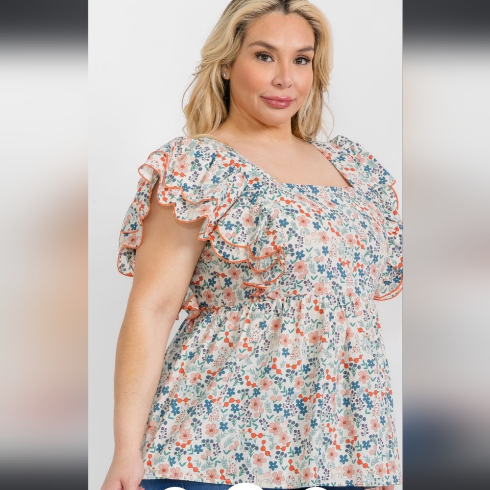 130 Floral Ruffle Sleeve PLUS SIZE Top